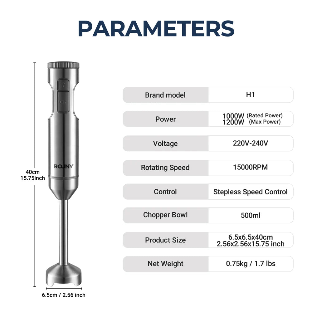 Powerful Hand Immersion Blender,4-in-1 Stainless Steel Stick Food Mixer,700ml Mixing Beaker,500ml Processor,Whisk, MAX 1200W