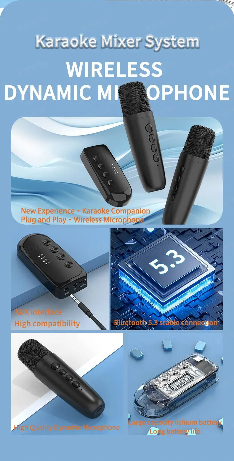Wireless Karaoke Companion Bluetooth 5.3 Dynamic Microphone KTV DSP Mixer System 3.5MM AUX Type-C Amplifier Host For Speaker Car