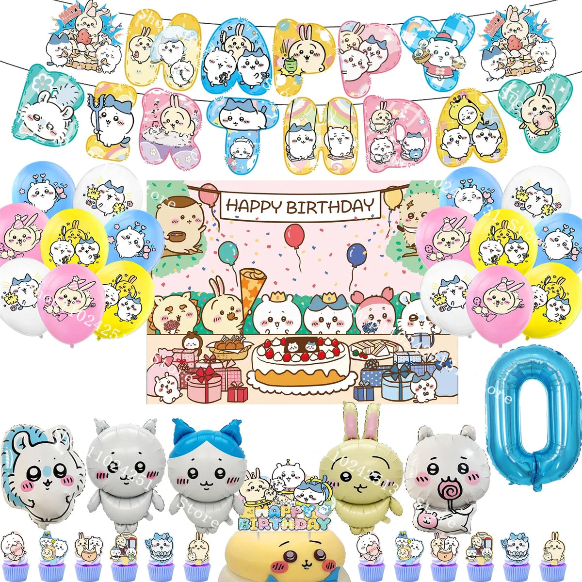 Chiikawa kawaii Happy Birthday Party Decorations Cute plate Banner Cake Topper Flag Balloons Disposable tableware Decorations
