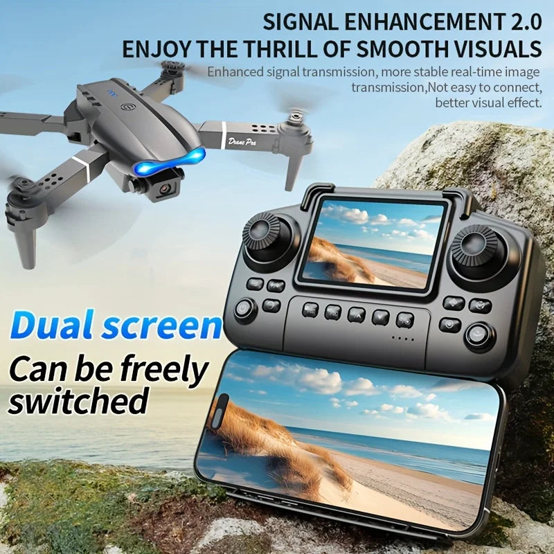 The Upgraded 2026 E99PRO MAX Drone Features Dual 8K Cameras, In-Screen Remote Control, Two Batteries, One-Key Return-to-Home, A Foldable Design, USB Charging, Wi-Fi Connectivity, and Flight Gaming Capabilities. This Drone Is