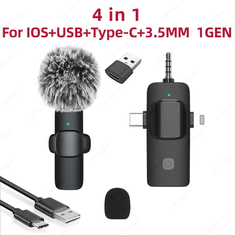 Capture crystal-clear audio on the go with this professional 4-in-1 wireless lavalier microphone—compatible with iPhone and Android devices for versatile, high-quality recording!