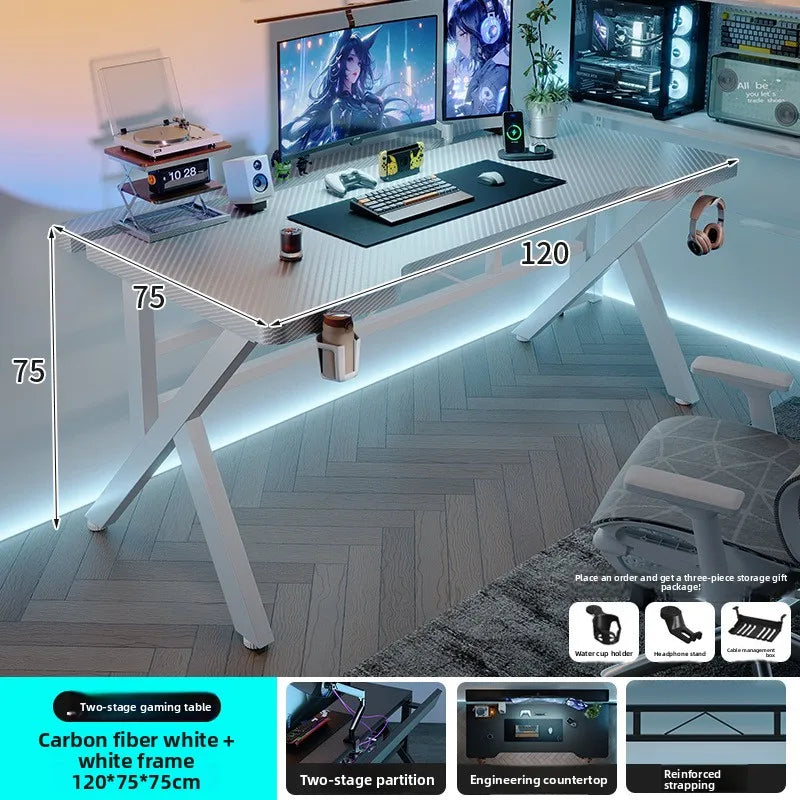 Two-Section Split Solid Wood Computer Gaming Desk  | Ergonomic Home Office Workstation Furniture in Carbon Fiber Style