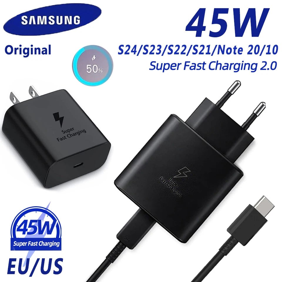45w Samsung Charger Usb Type C Pd 45 W Super Fast Charging 2.0 Chargeur Cable Galaxy S24 S23+ S22 S21 Ultra Note 20 10 Tab S9