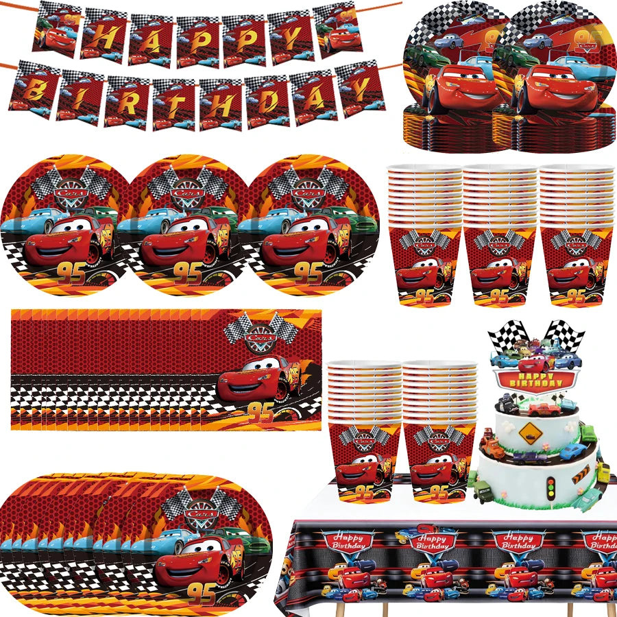 Cars Theme Birthday Party Decoration Tableware Banner Tablecloth Gift Bag Paper Plates Party Favors Toy Set Stamps Bracelets