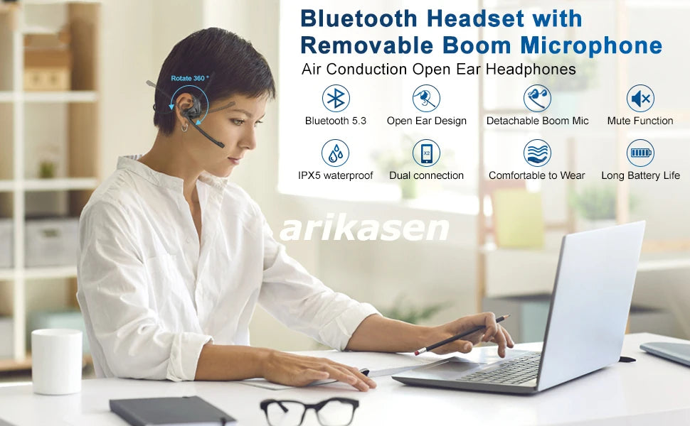 Wireless Bluetooth Headsets with Microphone Detachable Mute Button Open Ear Trucker Headphones for Cell Phones Business Office