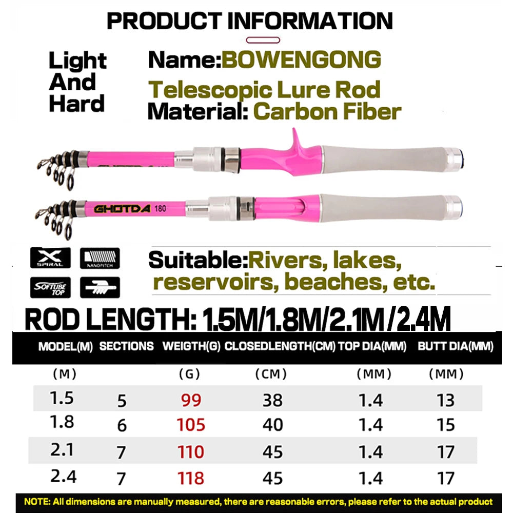 1.5m 1.8m 2.1m 2.4m Spinning / Casting Fishing Rod Pink Ultralight Carbon Telescopic Pole Lure Fishing Rods Tackle Trout Jigging