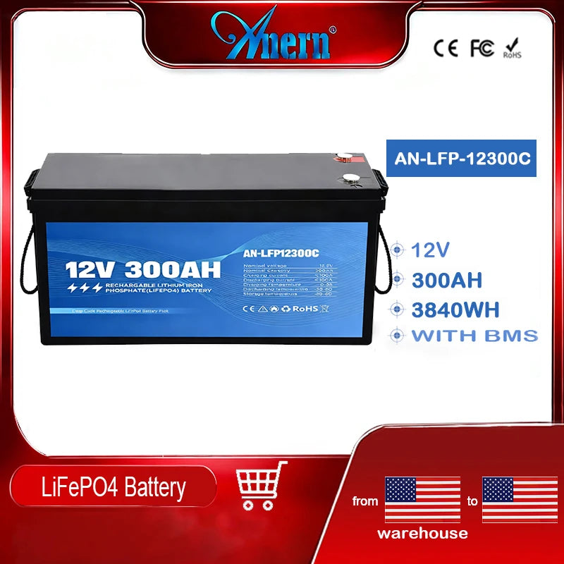 Anern High Quality 2560WH 12V/24V 100Ah LiFePO4 Lithium Battery Built-in BMS for Inverter Motorhome Solar System Boat Household