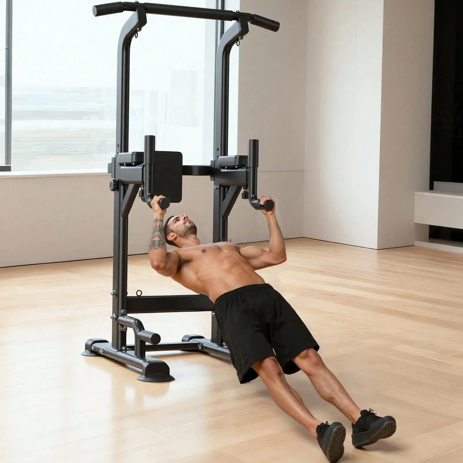 Pull Up Bar, 330 LBS Power Tower Dip Station, Workout Dip Station With H-Shaped Stable Base & Back Pad, Adjustable 12 Level Height Free Standing Chin Up Bar For Back, 4-Level Adjustable Back Pad