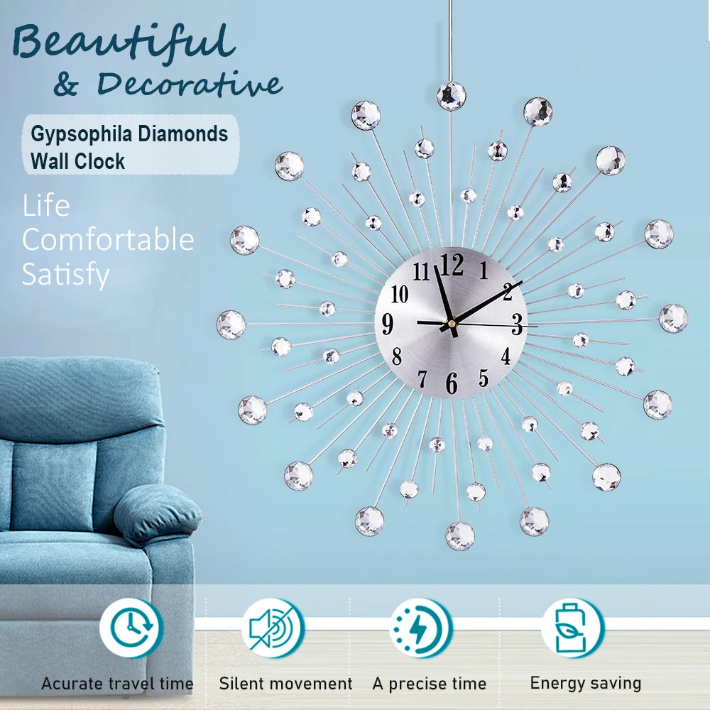 38/50CM Silver Crystal Beaded Jeweled Round Sunburst Metal Wall Clock DIY Large Morden Wall Clock Design Home Rooms Office Decor