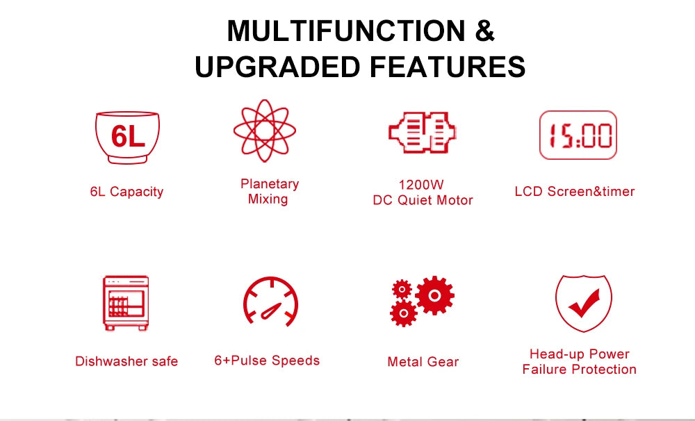 BioloMix 6L Kitchen Food Stand Mixer 1200W DC Quiet Motor Stainless Steel Bowl 6-speed Cream Egg Whisk Whip Dough Kneader