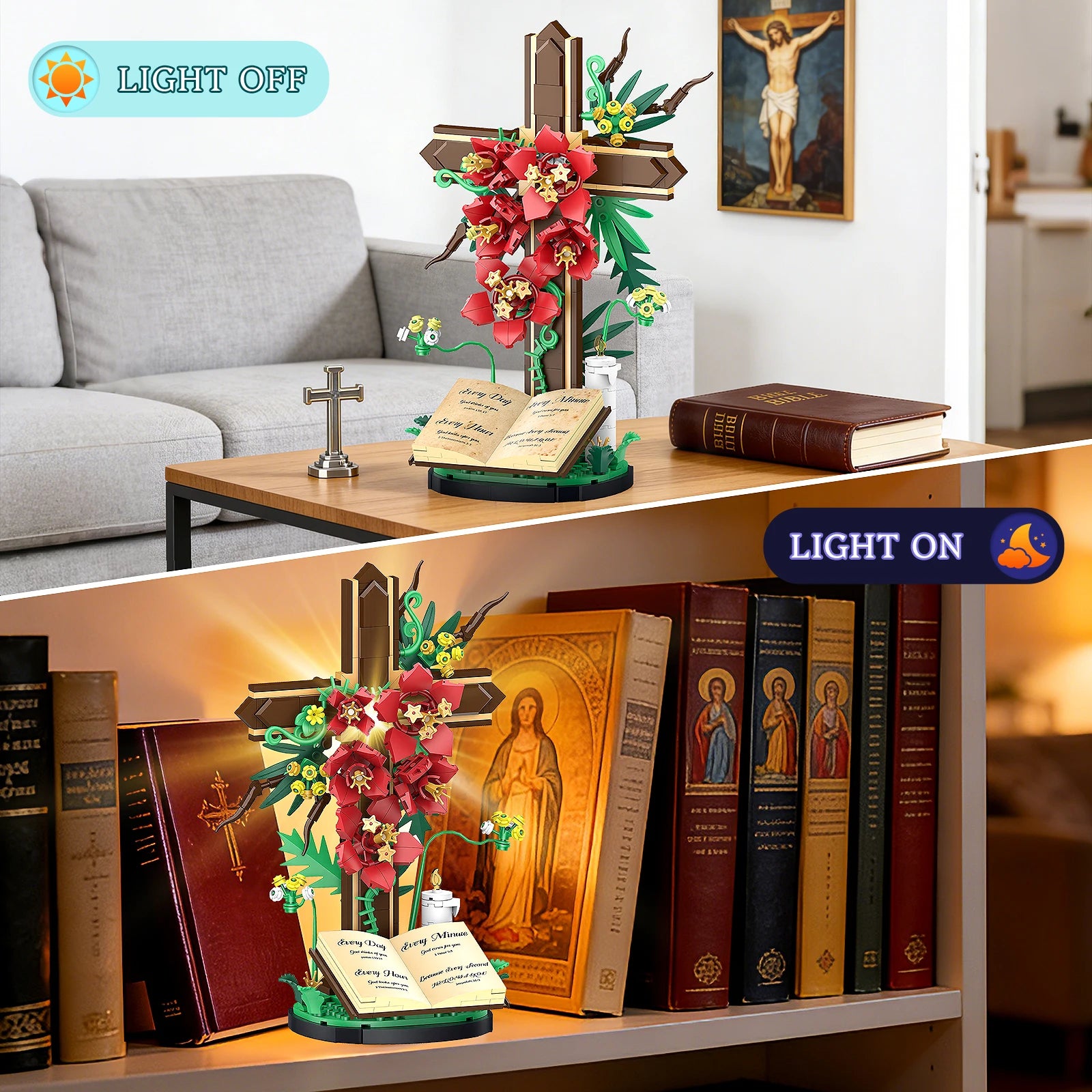 Jesus Flowers Cross Building Blocks Set, LED Religious Decor, Lego-Compatible Christian Catholic Gift for Easter, Kids & Adults
