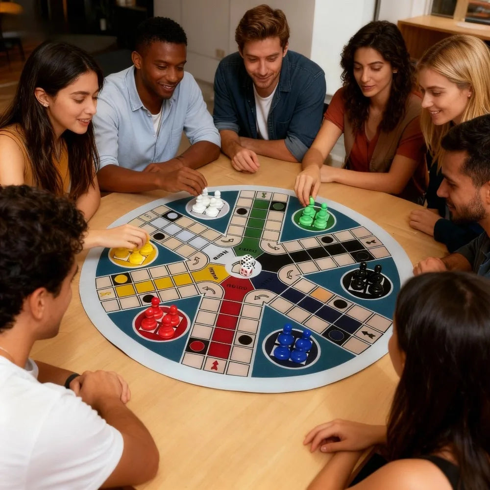 LUDO Game Board 6-Player Big Size 35CM/13.78IN - INCLUDE: 1 Circular Chess Mat, 24 Pieces in 6 Colors, 2 Dice