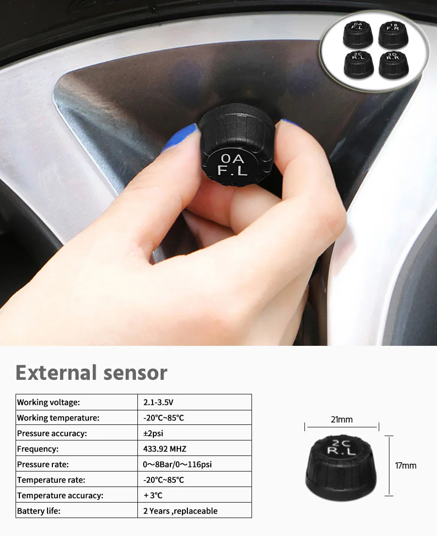 E-ACE Car TPMS Sensor 8 Bar Smart System For Car Truck With Car Electronic Clock Auto Intelligent System Solar Power LCD Display
