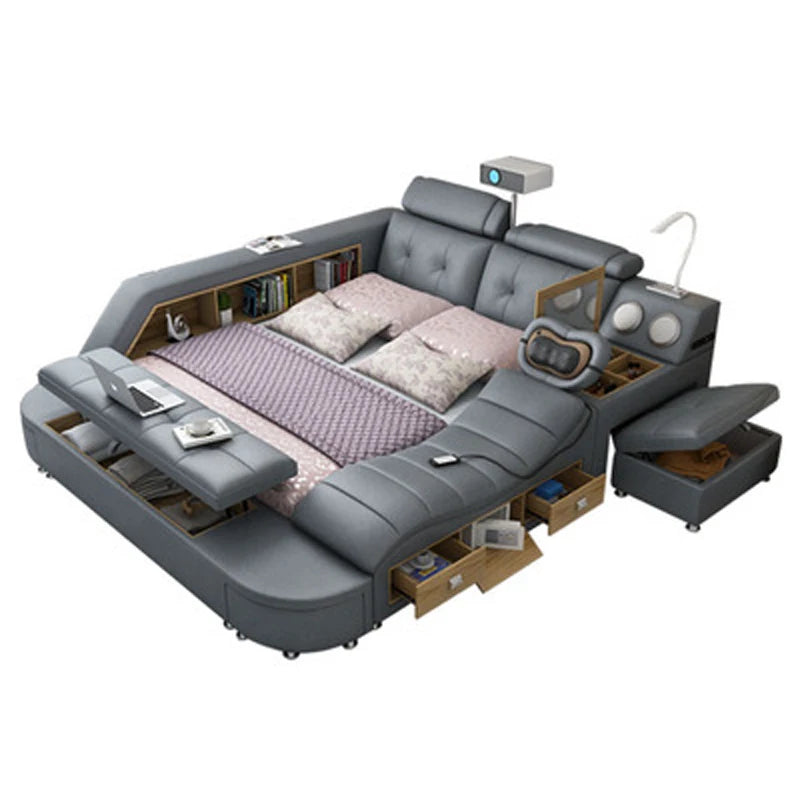 Luxury Upholstered Smart Storage Bed Frame with Bookshelves, USB, Foldable Dresser, Drawers & Headboard Storage, All In One Bed