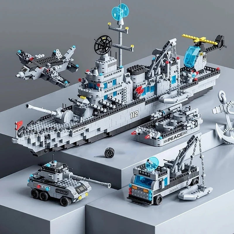 65.5CM 6 IN 1 Military Navy Ship Sets Building Blocks War Army Boat Plane Model Toys for Boys Bricks Toys Christmas Gifts