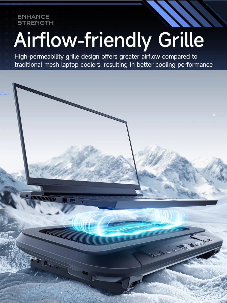 Keep your laptop cool and stylish with this adjustable, foldable cooler pad featuring LED lighting and powerful fans—fits 14" to 17.3" laptops perfectly!