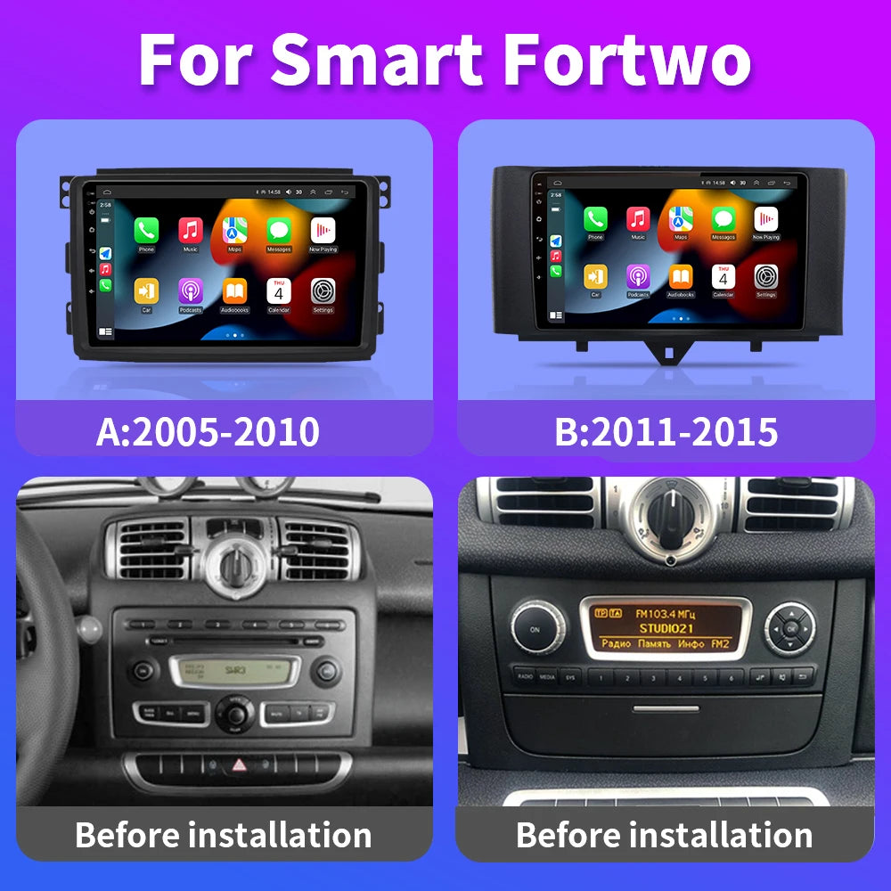 For Smart Fortwo 451 2005 - 2010 2010-2015 Multimedia GPS Navigation DSP RDS 4G SWC CarPlay 2Din 9inch Android Auto Car Radio