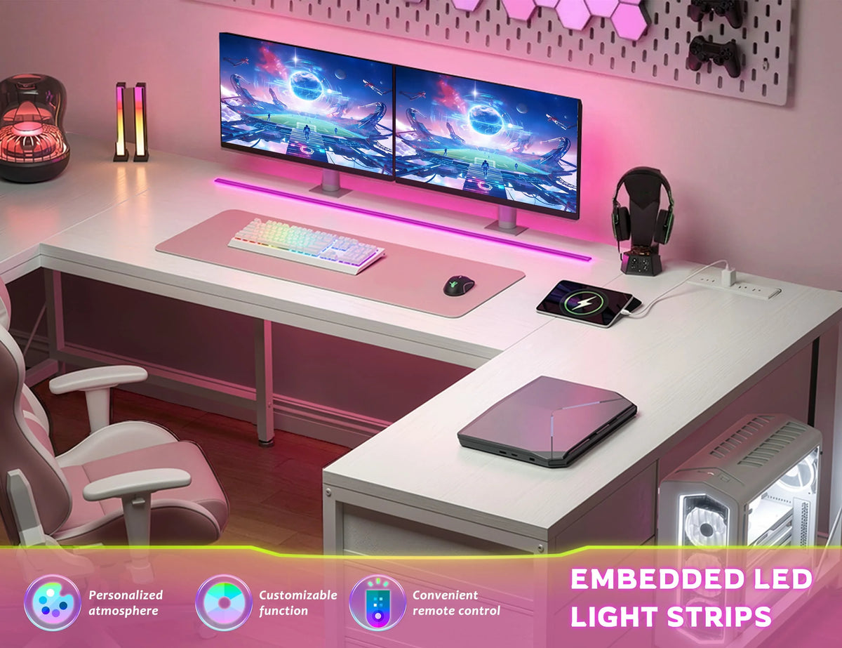 U Shaped Gaming Corner Desk 67" | Computer Desk Home Office Desk with 6 Drawers, Power Outlets, LED Lights for Bedroom Office