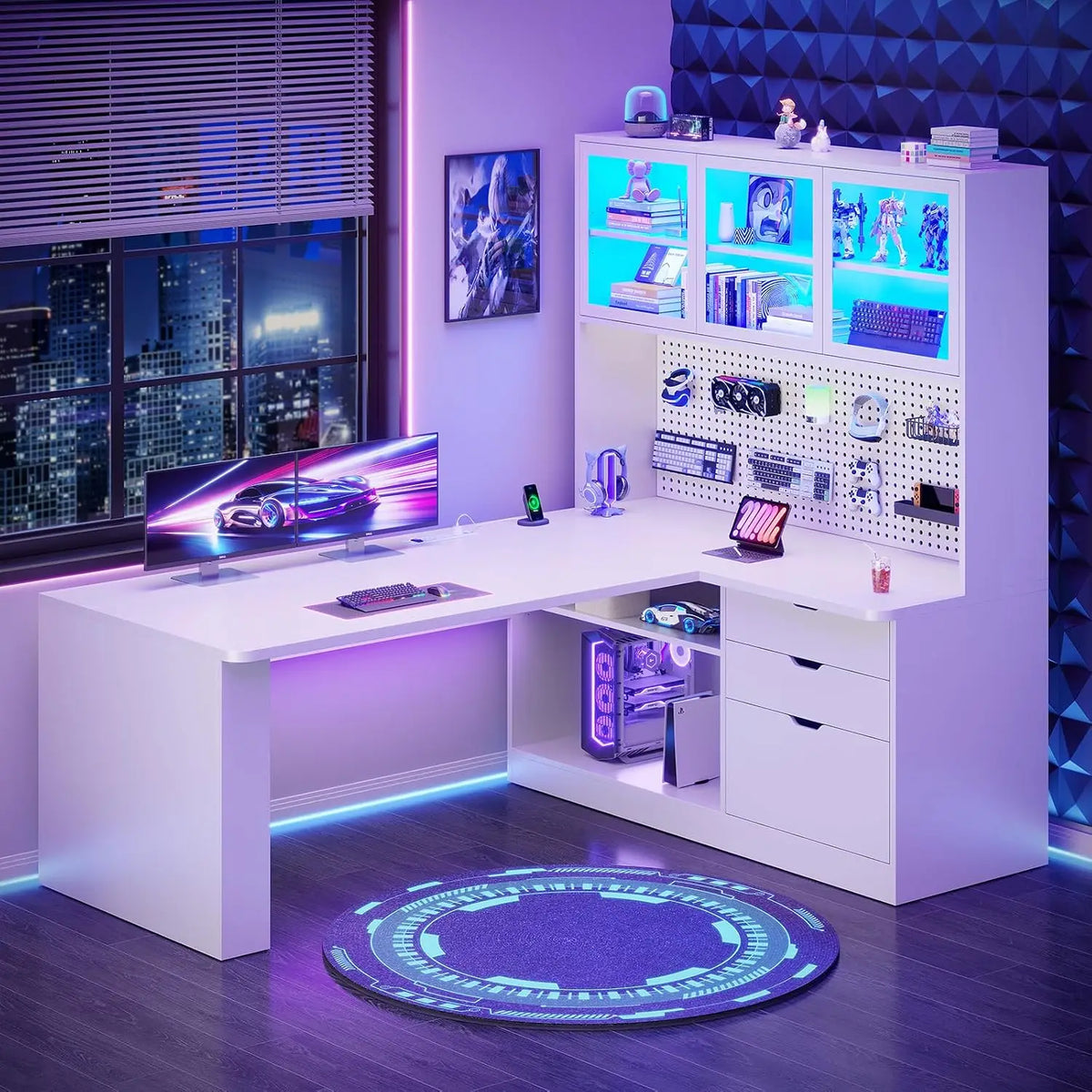 L Shaped Corner Gaming Desk with 3 Wood Drawer and Large Bookshelf, Customized