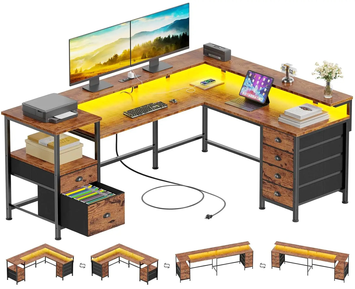 66" L‑Shaped Gaming Desk,6 Drawers & LED Lights & Power Outlets,Home Office Corner Workstation, Custom