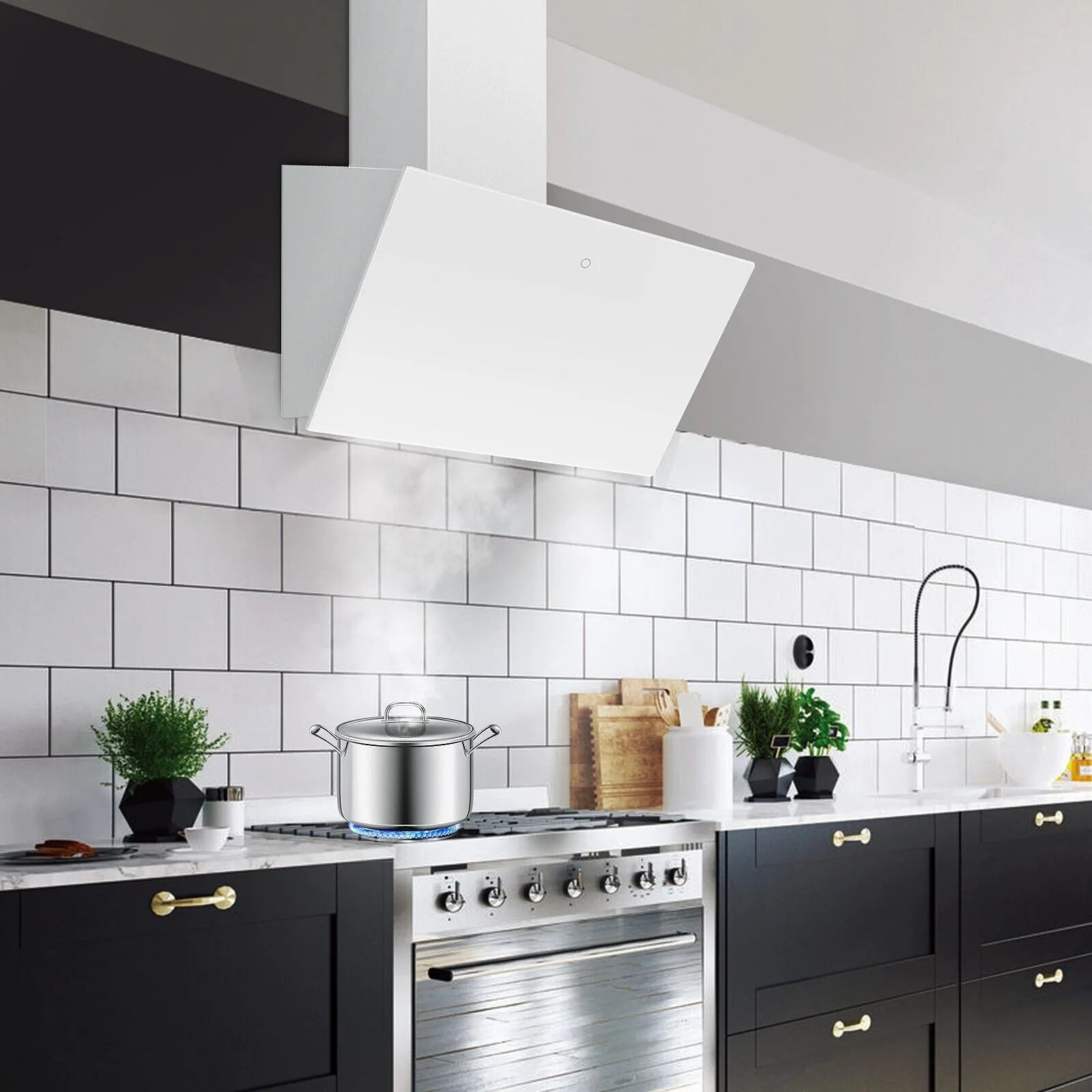 Topstrong Wall Mounted Range Hood 60cm Touch Display Glass with 700m³/h Extraction Rate and Washable Filters EUGV1360W