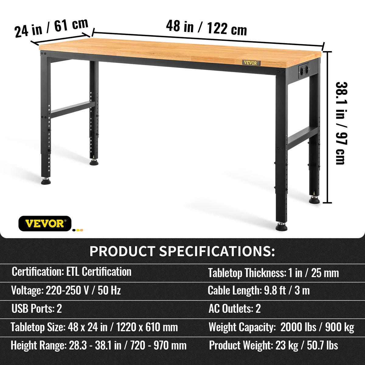 SucceBuy Heavy-Duty Workbench 72cm Adjustable Height Oak Wood Hardwood Top Table 900KG Load Capacity for Office Home Workshop