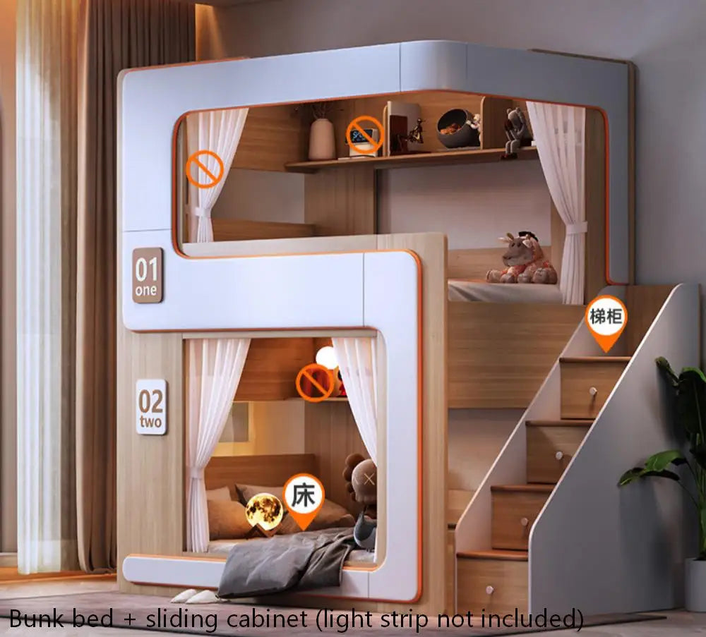 Simple Small Space Bunk Bed for Kids Floating Style High Guardrail Privacy Separated Twin Bed with Double Bookshelves
