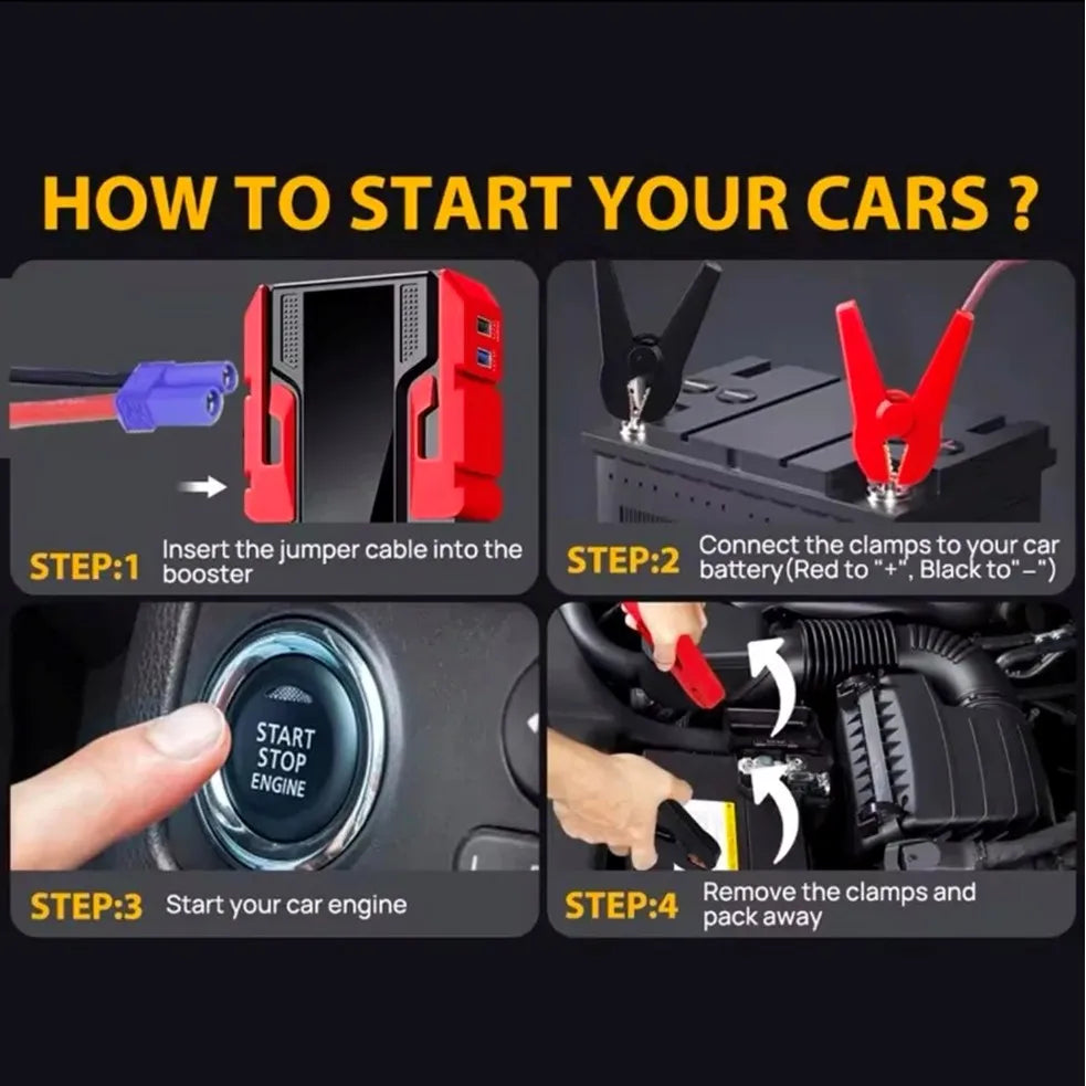 Boost your ride with this upgraded portable car jump starter battery pack—compact, powerful, and ready whenever you are!