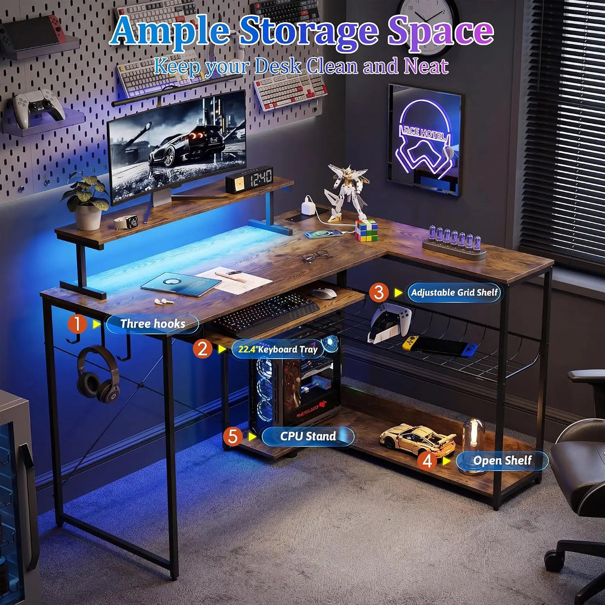 L Shaped Gaming Desk with Power Outlets & RGB LED Lights, 46" Corner Computer Table with Monitor Stand, Keyboard, Customized