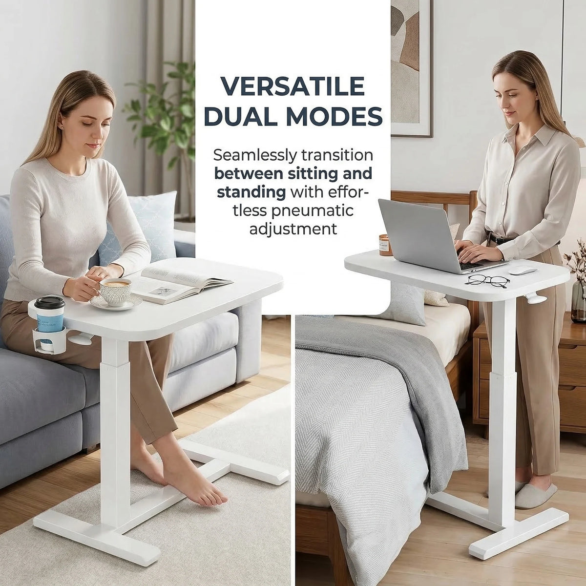 28/32Inch Bedside Table with Wheels, Height-Adjustable Rolling Computer Cart, Overbed Table with Cup Holder, Pneumatic Laptop Standing Desk for Home Office