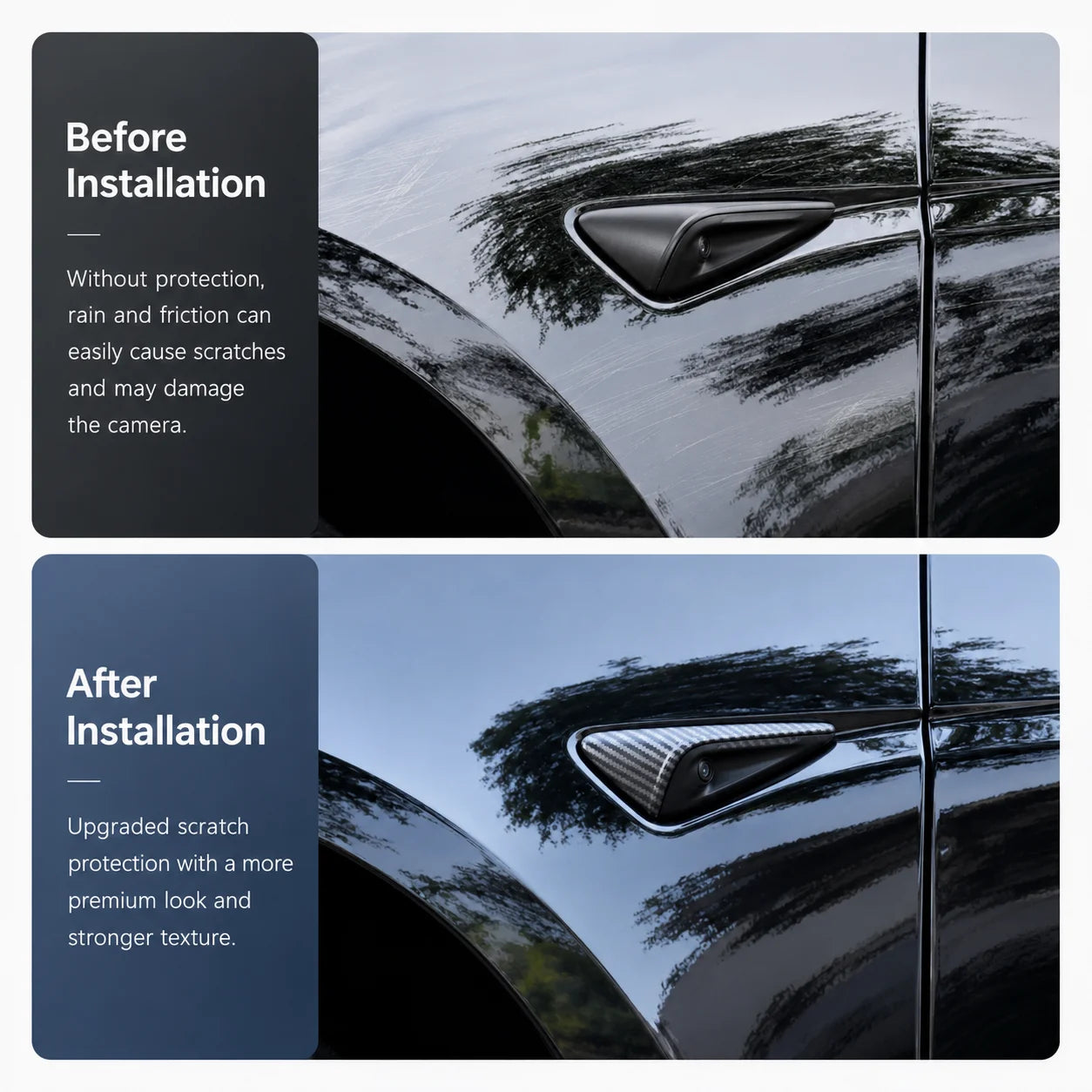 For Tesla Model YL Launch 2026 Side Camera Cover Lens Protector ABS Camera Cover Black Fiber Pattern ABS Leaf Board Accessories