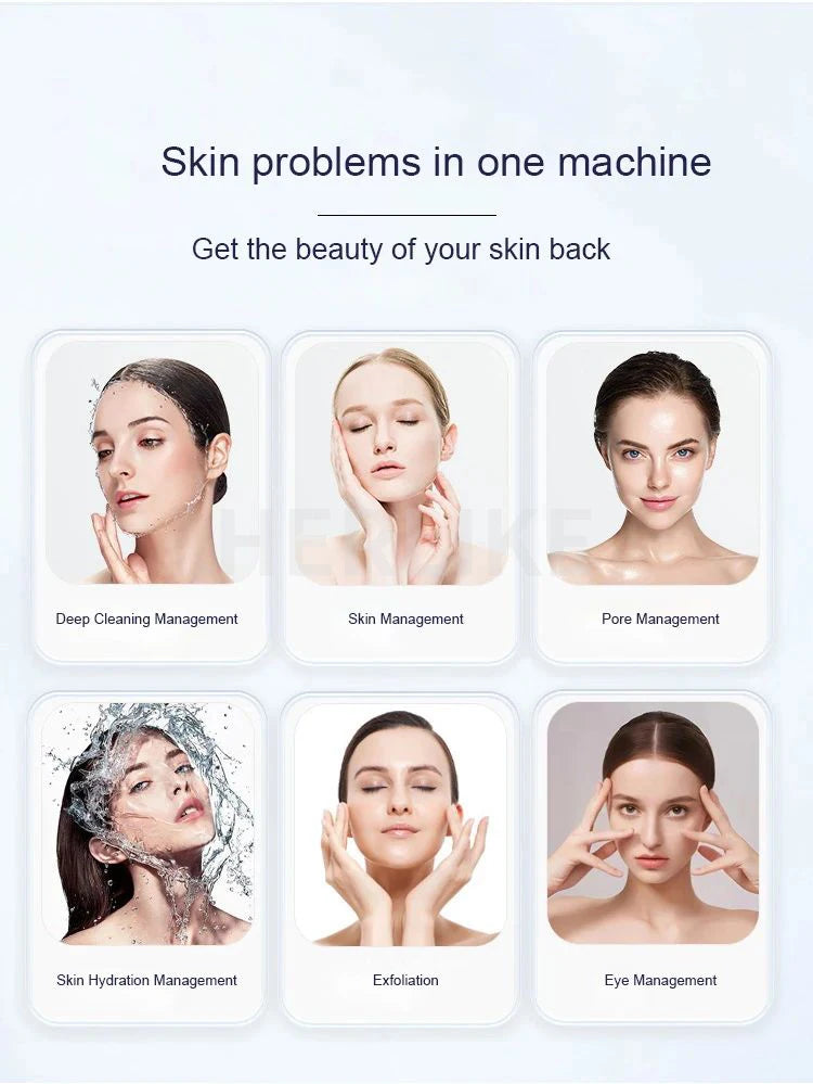 Experience professional skincare with this portable 6-in-1 H2O2 small bubble oxygen facial machine. Improve skin hydration, exfoliate with microdermabrasion, and promote a fresh, glowing complexion with this versatile device!