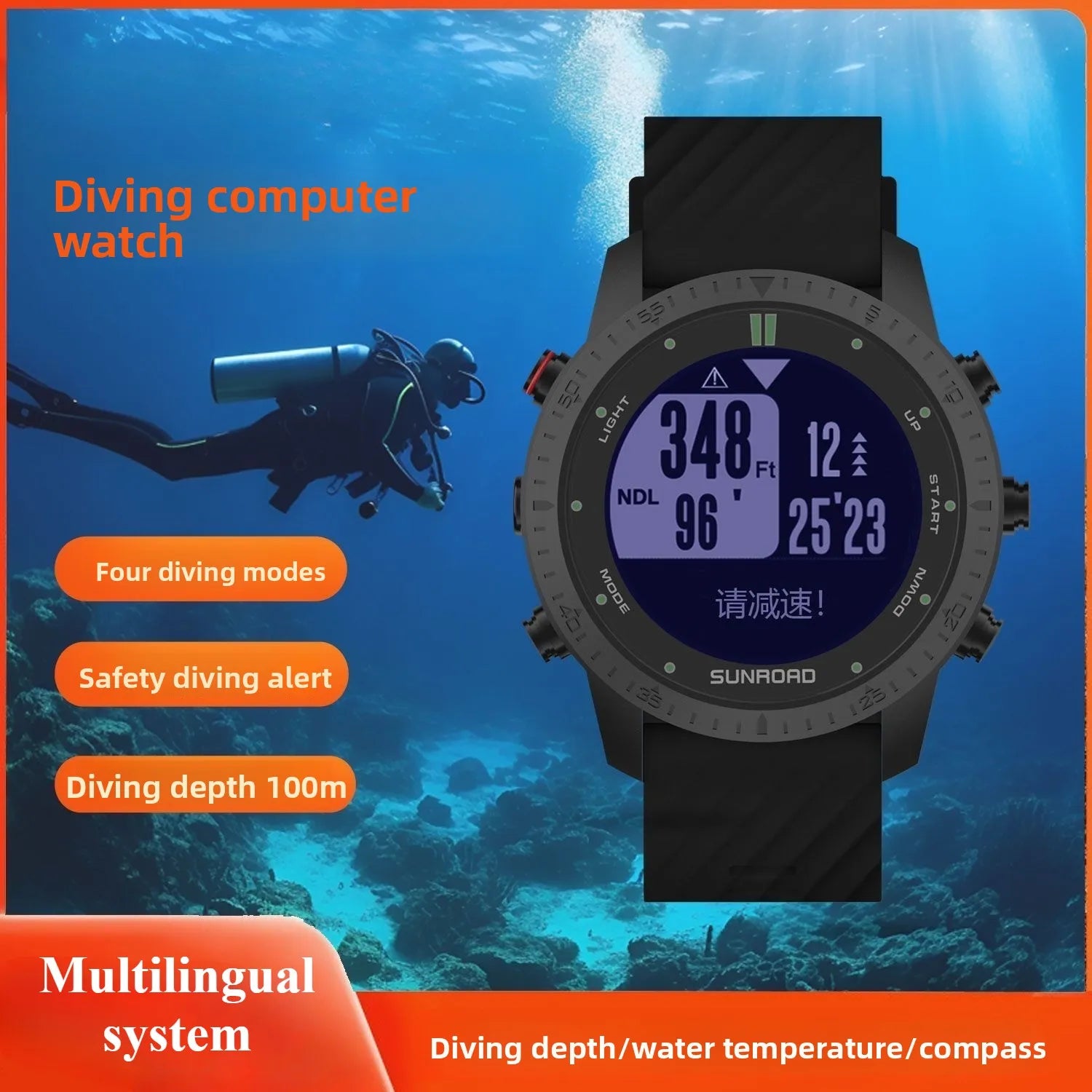Genuine Professional Bluetooth Version Diving Computer Watch, 100 Meters Waterproof Safety Warning Electronic Compass