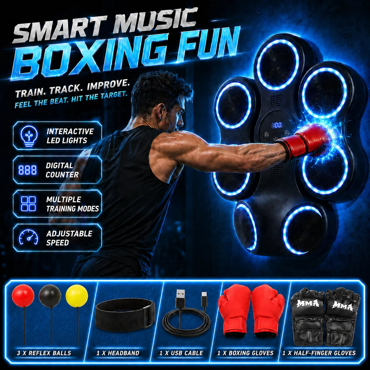 5W Interactive Punching Trainer, Wall Mounted Electronic Boxing Target with Lighting and Music, Smart Boxing Machine for Professional Boxers, Fitness People