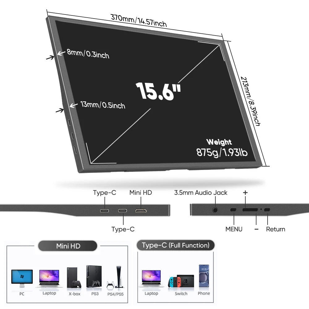 AHXJKA 15.6” Portable Monitor 60HZ IPS USB-C HDMI 250Cd/m² 768P For Laptop XBox PS4 / 5 Switch TV Cell Phone PC Extension Mobile