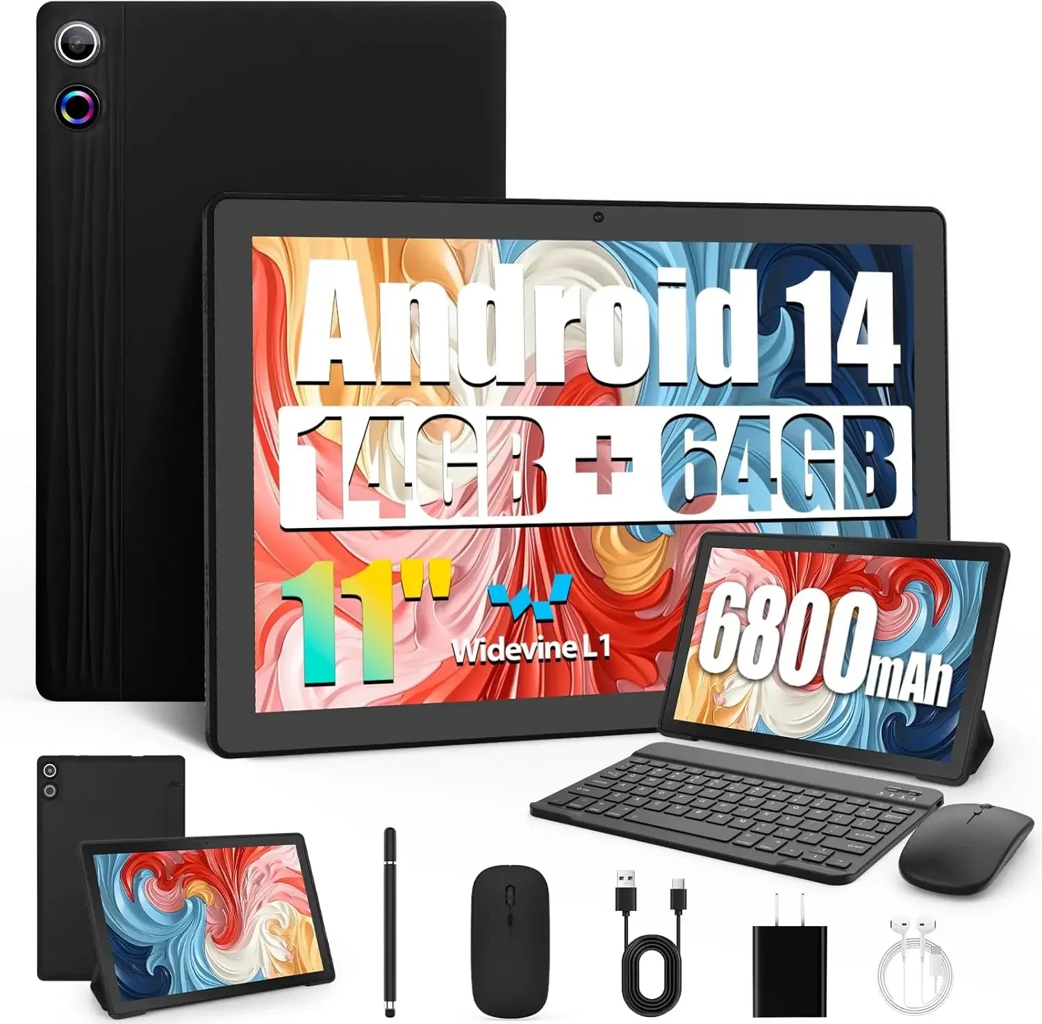 URAO 11 Inch Tablet Android 14GB RAM 64GB ROM 6800mAh IPS HD Touch Screen with Keyboard Protective Case Mouse Stylus 8 in 1 Kit