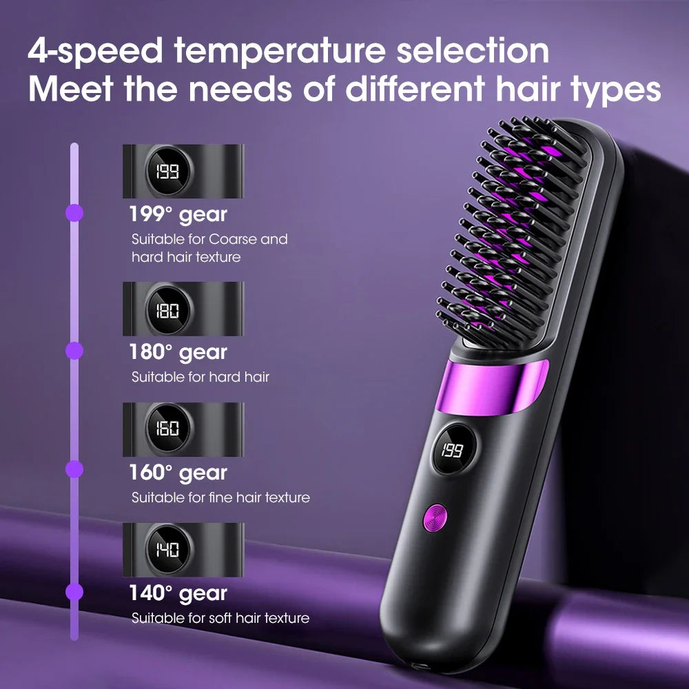 Portable Hair Straightener Brush 4 Temp Setting Cordless Straightening Comb LED Display Ceramic Coating Ionic Technology USB