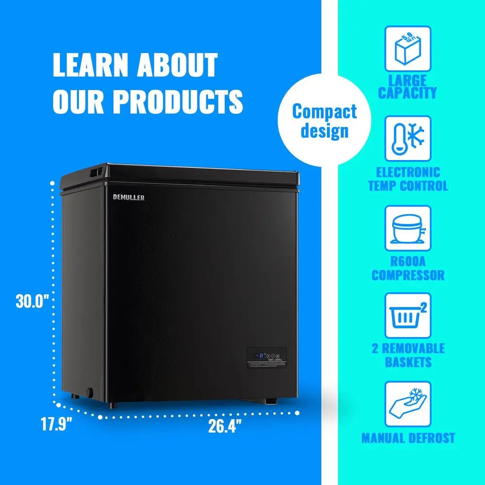Large Capacity Chest Freezer Mini Deep Freezers Down to 11.2 with TWO Removable Baskets Freestanding Black Compact Size for Hom