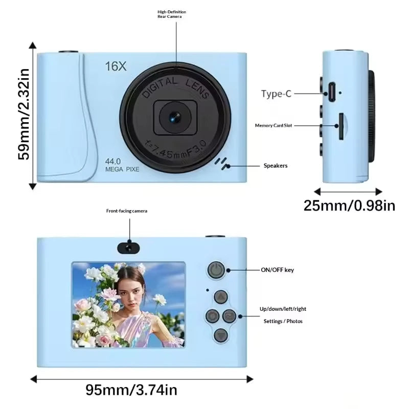 Digital camera with labeled features and dimensions