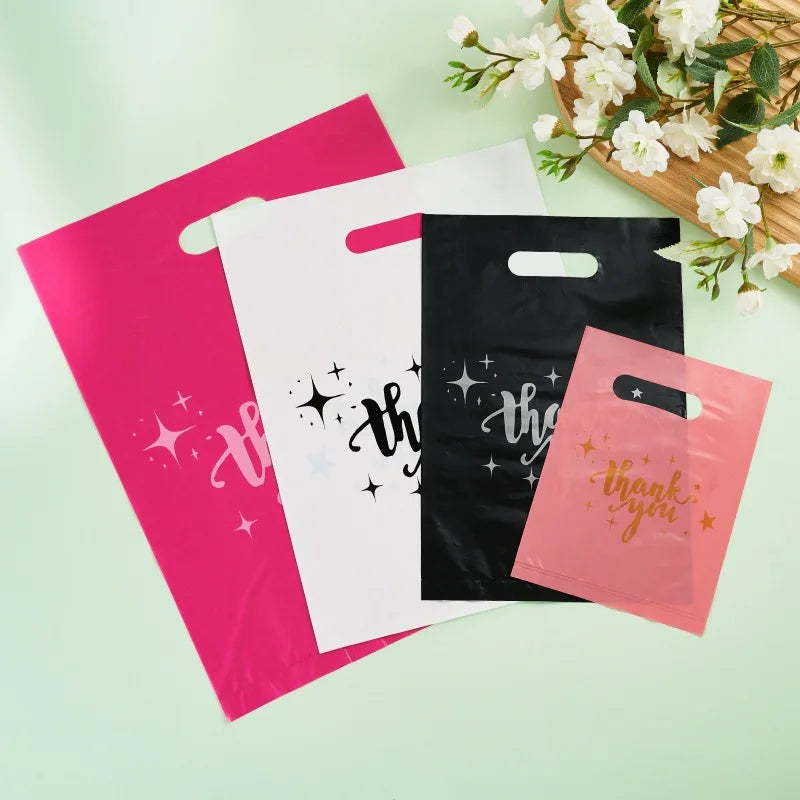 30/50/100PCS plastic thank-you bags with handles, small commercial shopping bags, gift bags, retail boutiques, clothing stores