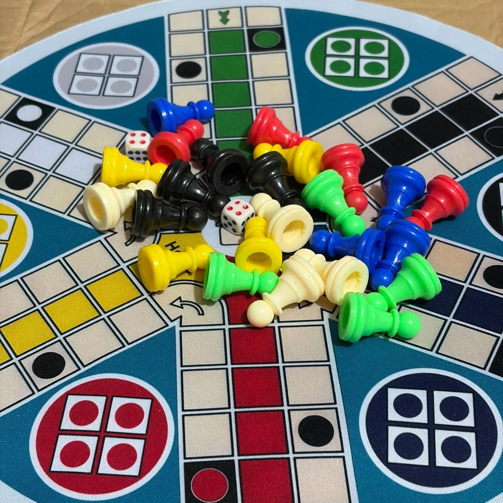 LUDO Game Board 6-Player Big Size 35CM/13.78IN - INCLUDE: 1 Circular Chess Mat, 24 Pieces in 6 Colors, 2 Dice