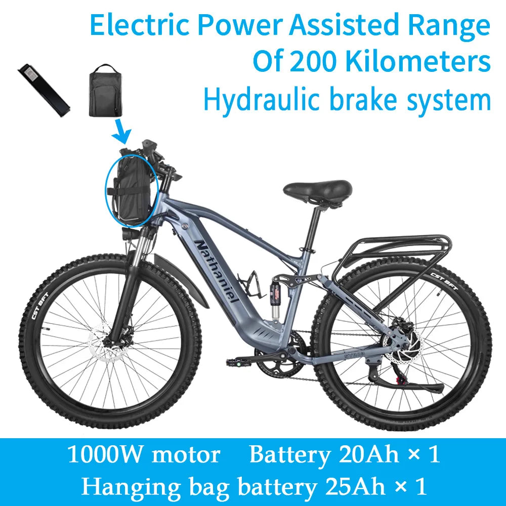 Nathaniel SYR03 Electric Bike 27.5' 1000W Adult Electric Assisted Bike 48V 20Ah Large Capacity Detachable Lithium Batteries Ebik