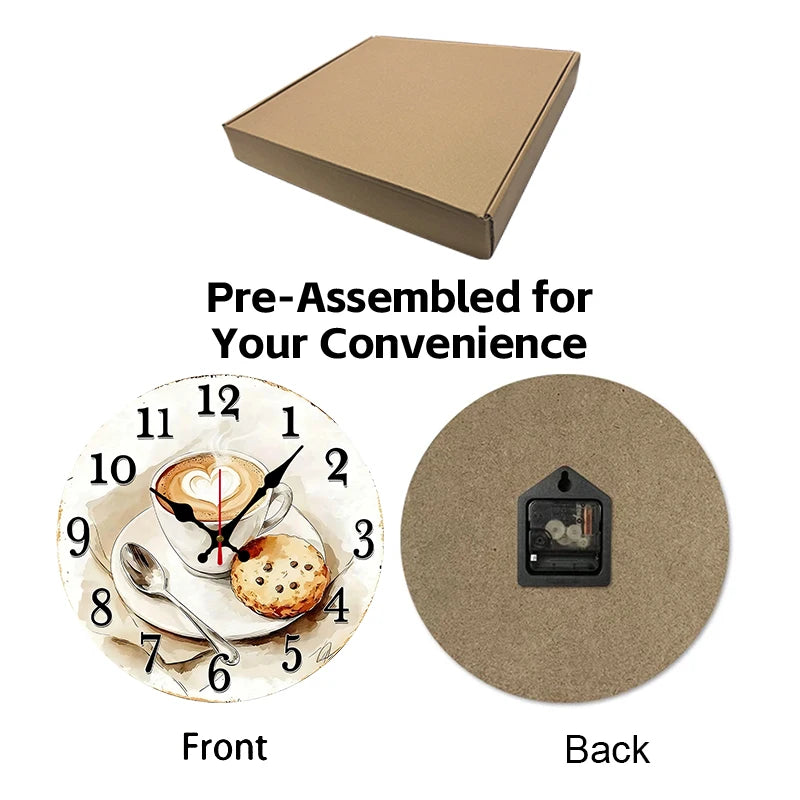 Coffee & Pastry Wooden Round Silent Hanging Wall Clock, Suitable For Living Room, Office, Study Room, Bedroom, Home Decoration