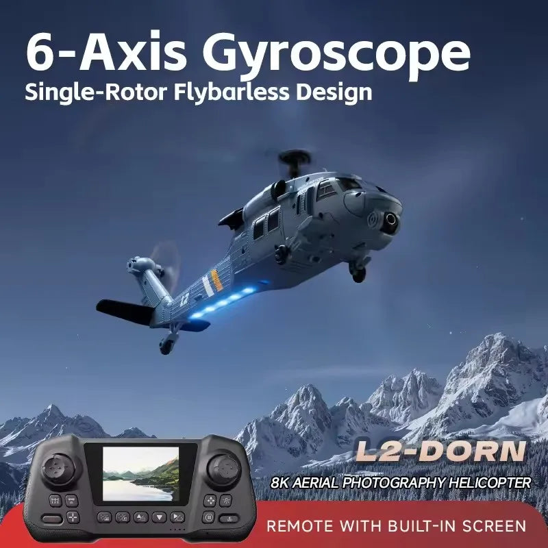 Boy 4DRC L2 RC Helicopter 8K Aerial Camera Builtin Screen Remote Control 6Axis Gyro Single Blade Black Hawk Apache Military Gift