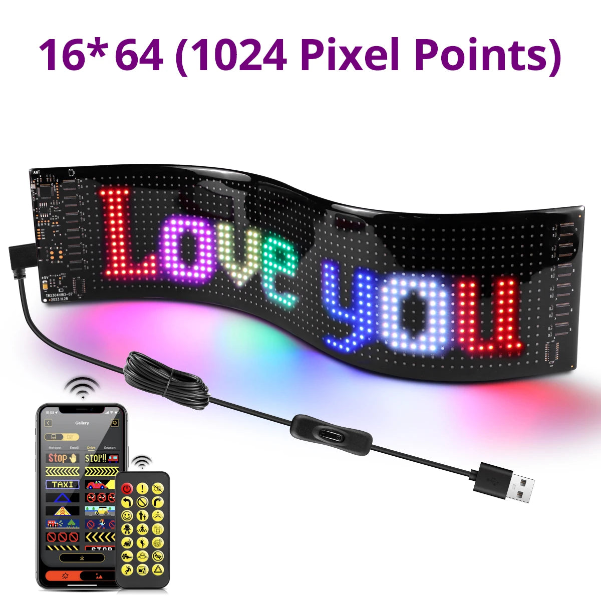 16x96 LEDs Matrix Pixel Panel,Scrolling Bright Advertising LED Signs Lights,USB Flexible 5V LED Car Sign Bluetooth App Control