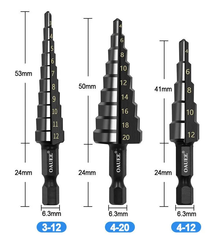 3Pcs  Straight Groove Step Drill Bit 3-12mm 4-12mm 4-20mm