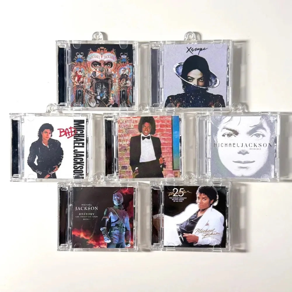 Classic Pop Michael Jackson MJ MINI Music CD NFC Keychain Play Song Thriller Album Bad Pendant Cosplay Key ring Acrylic Necklace