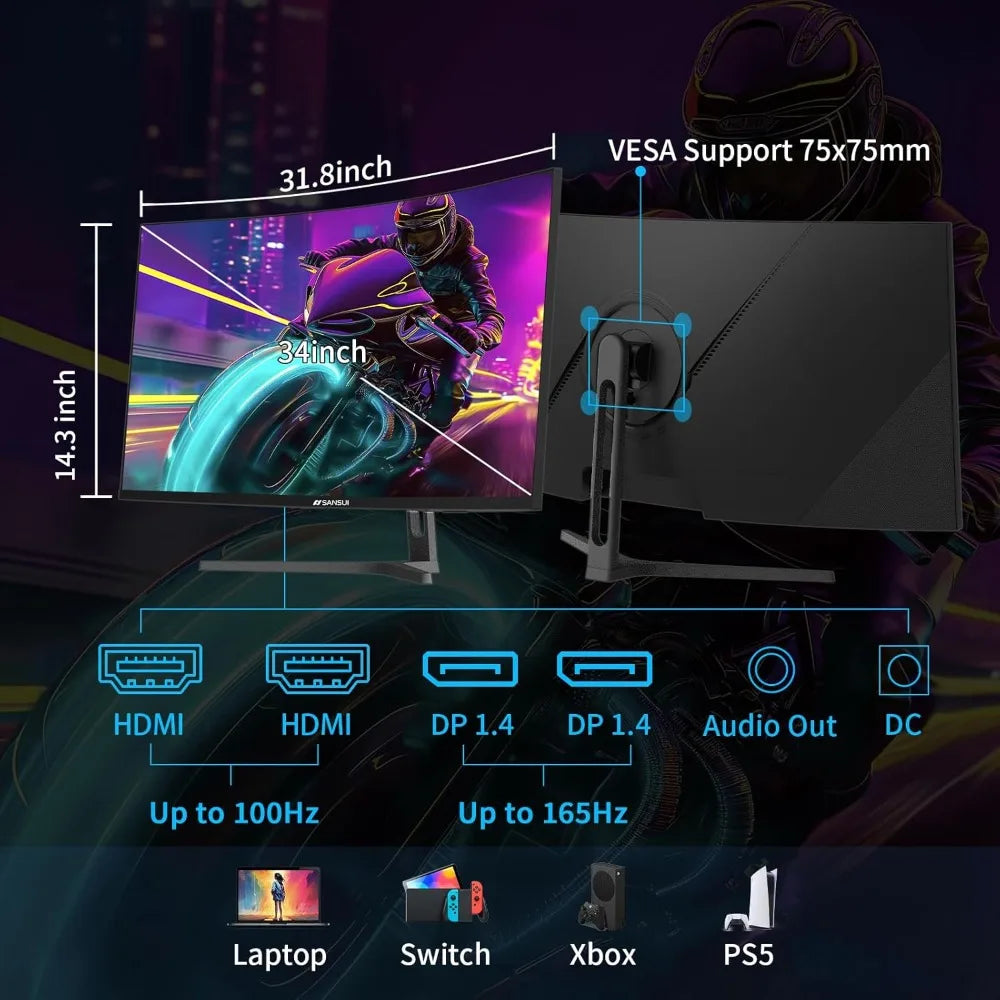 US Shipping 34 Inch Curved Gaming Monitor 3440x1440 165Hz 1500R HDR FreeSync 1ms