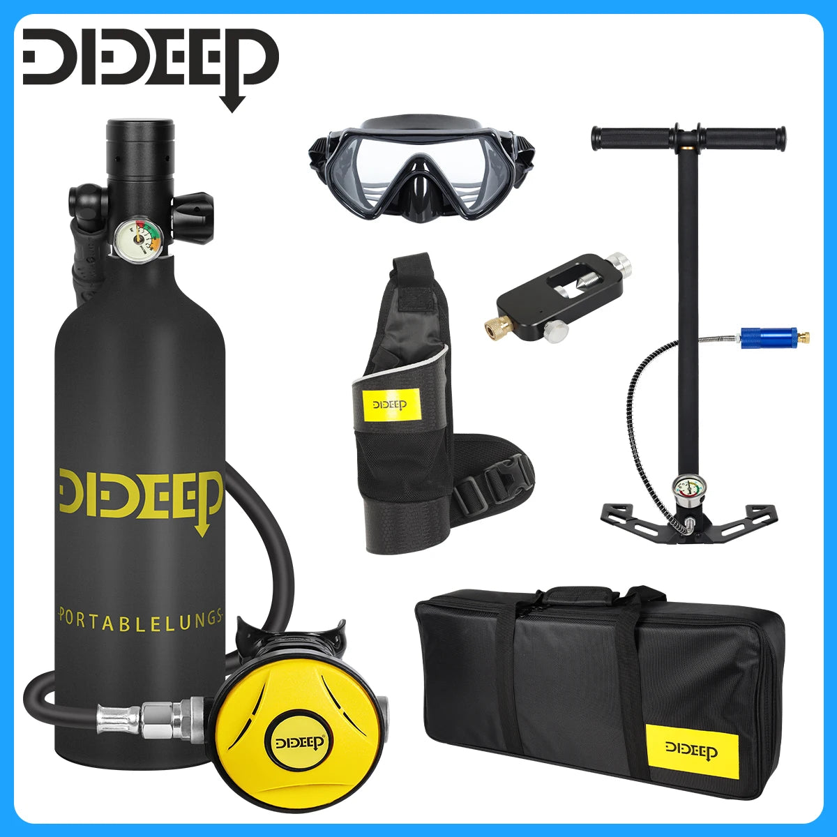 DIDEEP 1L Mini Scuba Diving Tank Set, 15-20Mins Underwater Diving Cylinder with Hand Pump，Portable Lungs Bottle with 3000 PSI