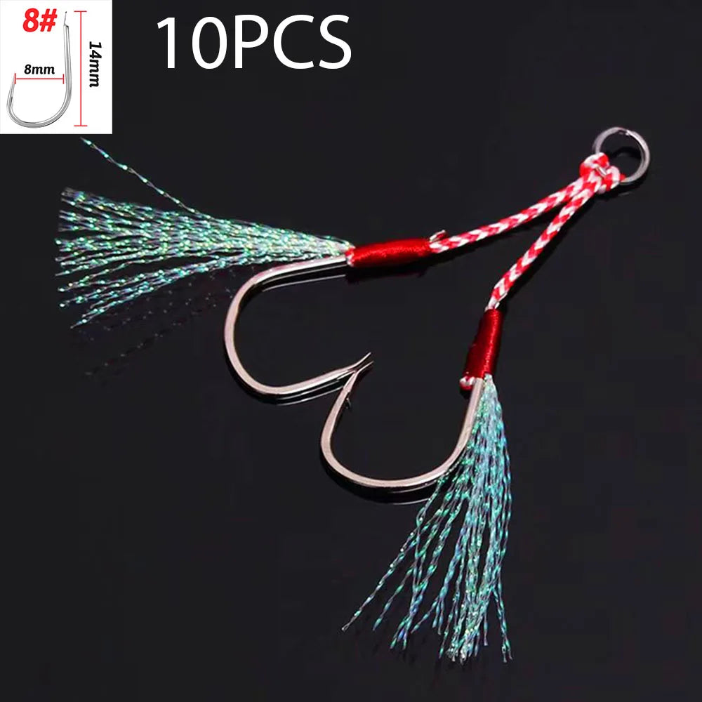 Cast Jig Assist Hook 10PCS/Lot High Carbon Steel Angle Barbed Thread Feather Lake Fishing Tackle Slow Jigging Sea Pesca Fishhook